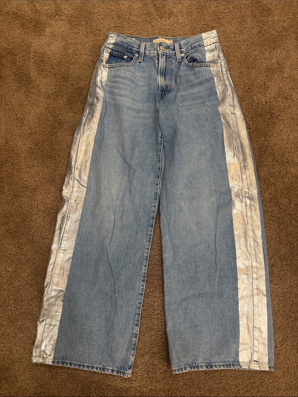 XL Straight High-Waist Blue Denim Wide-Leg Jeans with Silver Side Panels